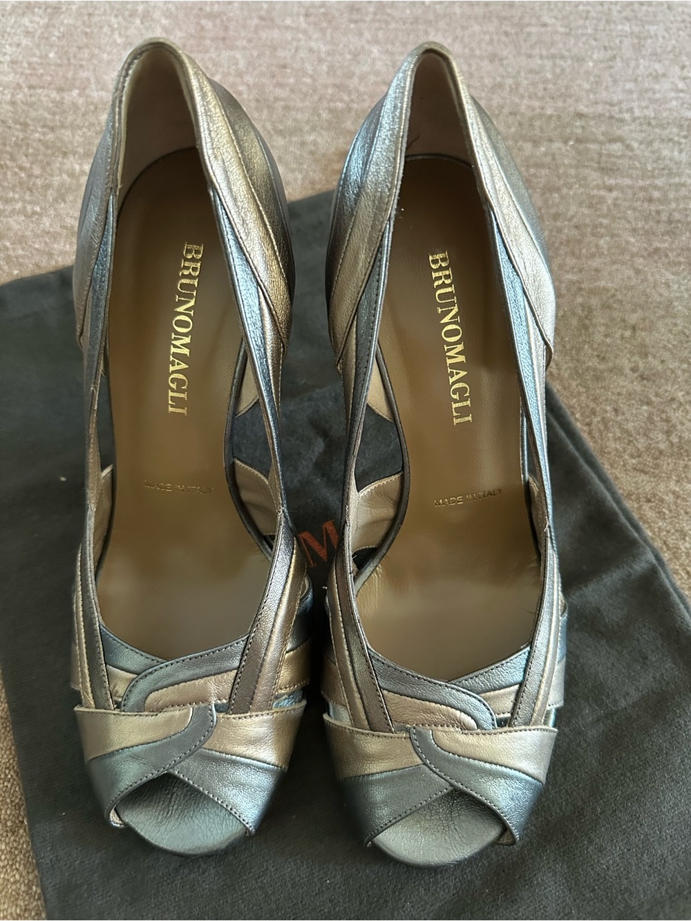 Bruno Magli Metallic Silver Gold Gunmetal Combo “Lexy” Peep-Toe Leather Heels